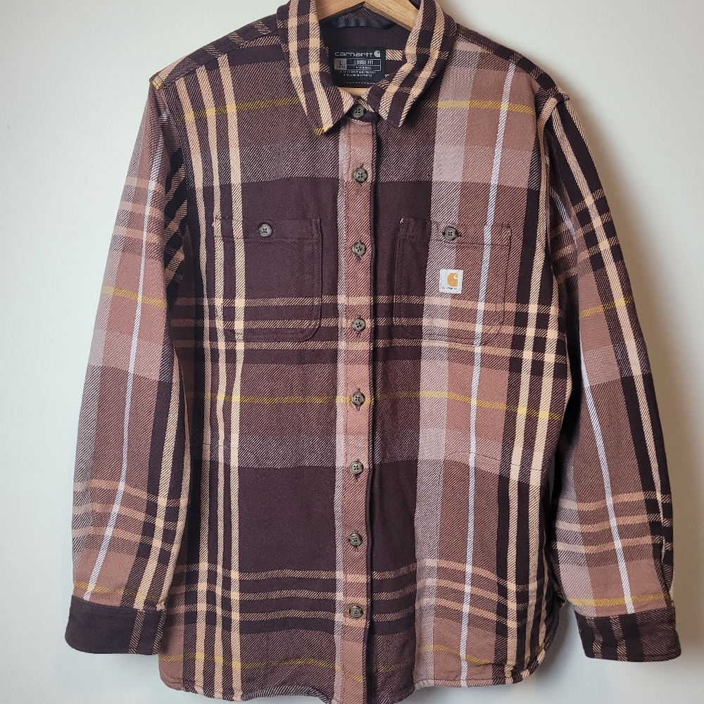 Carhartt Flannel Twill Shirt Jacket Heavy Weight Large Loose Fit Brown Purple